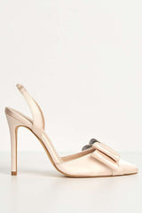 Salwa Pointy Toe Bow Slingback Court Shoes in Champange Satin