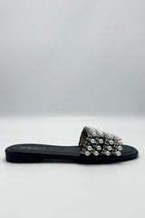Tiana Diamante Pearl Strap Sliders in Black