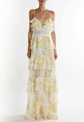 True Decadence Yellow Watercolour-Floral Sophia Plunge Front Tiered Ruffle Maxi Dress