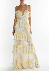 True Decadence Yellow Watercolour-Floral Sophia Plunge Front Tiered Ruffle Maxi Dress
