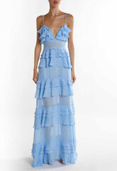 True Decadence Sky-Blue Sophia Plunge Front Tiered Ruffle Maxi Dress