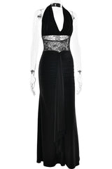 Black Halter Sheer Draped Long Dress