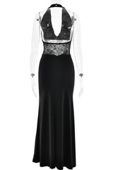 Black Halter Sheer Draped Long Dress
