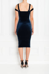 Honor Gold Evie Cold Shoulder Velvet Midi Dress in Navy