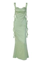 Green Ruffle Straps Fitted Long Maxi Dress