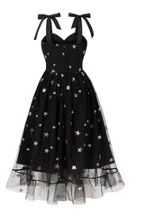 Black Mesh Short Dress with Sequin Stars