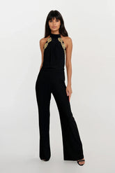 Honor Gold Black Sasha Backless Wide Leg Jumpsuit With Gold Leaf Trim