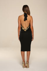 Honor Gold BlackSasha Backless Midi Dress With Gold Leaf Trim