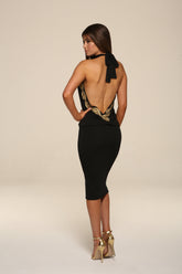 Honor Gold BlackSasha Backless Midi Dress With Gold Leaf Trim