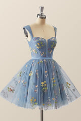 Cap Sleeves Blue Floral A-line Short Dress
