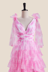 Bow Tie Pink Floral Print Tiered Long Dress