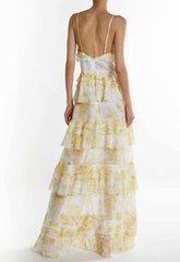 True Decadence Yellow Watercolour-Floral Sophia Plunge Front Tiered Ruffle Maxi Dress