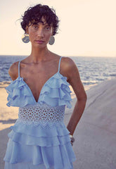 True Decadence Sky-Blue Sophia Plunge Front Tiered Ruffle Maxi Dress