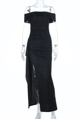 Black Folded Off the Shoulder Black Frill Dress