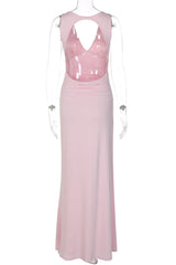 Backless Pink V neck Fitted Long Dress