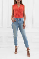 Honor Gold Jade Orange Sleeveless Wrap Style Bodysuit Top