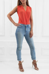 Honor Gold Jade Orange Sleeveless Wrap Style Bodysuit Top