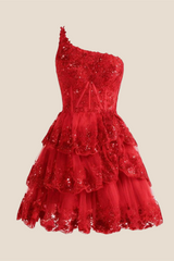One Shoulder Blue Sequin Tiered Short Dress