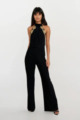 Honor Gold Black Sasha Backless Wide Leg Jumpsuit With Gold Leaf Trim